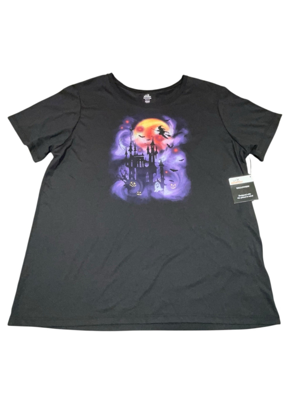 Ladies Witch In Flight Spooky Witch Castle Graphic Halloween Print Tee Sz XL NW